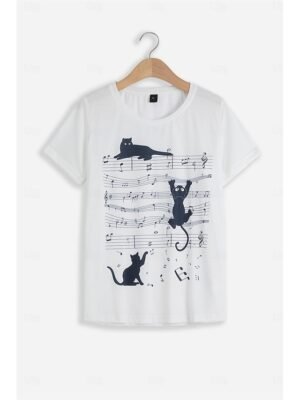 Basic Regular Cat Print Round Neck Short Sleeve Top - Image 4