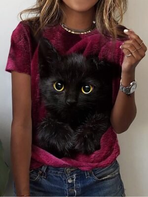 Basic Regular Cat Print Round Neck Short Sleeve Top - Image 5
