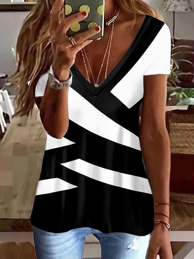 Basic Regular Colour Block V Neck Short Sleeve Tunic Top - Image 1