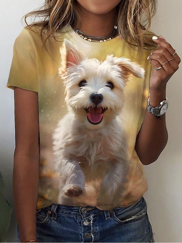 Basic Regular Dog Print Round Neck Short Sleeve Tops - Image 1