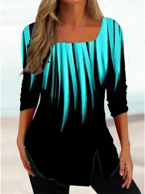 Basic Regular Fit Colour Gradient Square Neck 3/4 Sleeve Plus Size T-shirt - Image 1