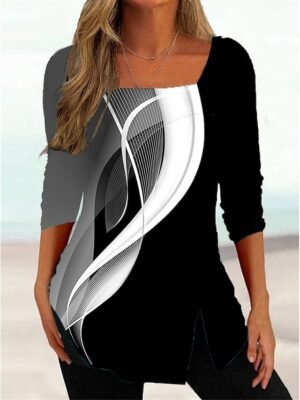Basic Regular Fit Colour Gradient Square Neck 3/4 Sleeve Plus Size T-shirt - Image 2