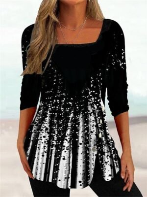 Basic Regular Fit Colour Gradient Square Neck 3/4 Sleeve Plus Size T-shirt - Image 6