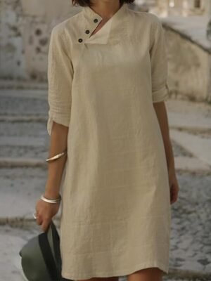 Basic Regular Fit Floral Stand Collar Mini Dress - Image 4