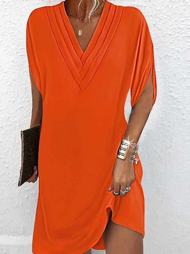 Basic Regular Fit Plain V Neck Batwing Short Sleeve Mini Dress - Image 1