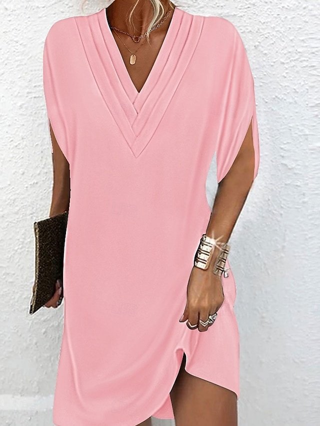 Basic Regular Fit Plain V Neck Batwing Short Sleeve Mini Dress - Image 2