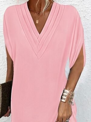Basic Regular Fit Plain V Neck Batwing Short Sleeve Mini Dress - Image 9