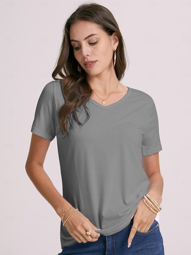 Basic Regular Fit Plain V Neck Short Sleeve T-Shirt - Image 2