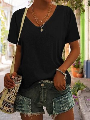 Basic Regular Fit Plain V Neck Short Sleeve T-Shirt - Image 3