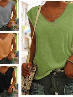 Basic Regular Fit Plain V Neck Sleeveless T-Shirt - Image 2