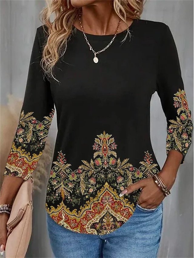 Basic Regular Floral Round Neck Long Sleeve Top - Image 1