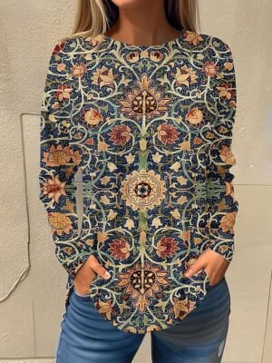 Basic Regular Floral Round Neck Long Sleeve Top - Image 10