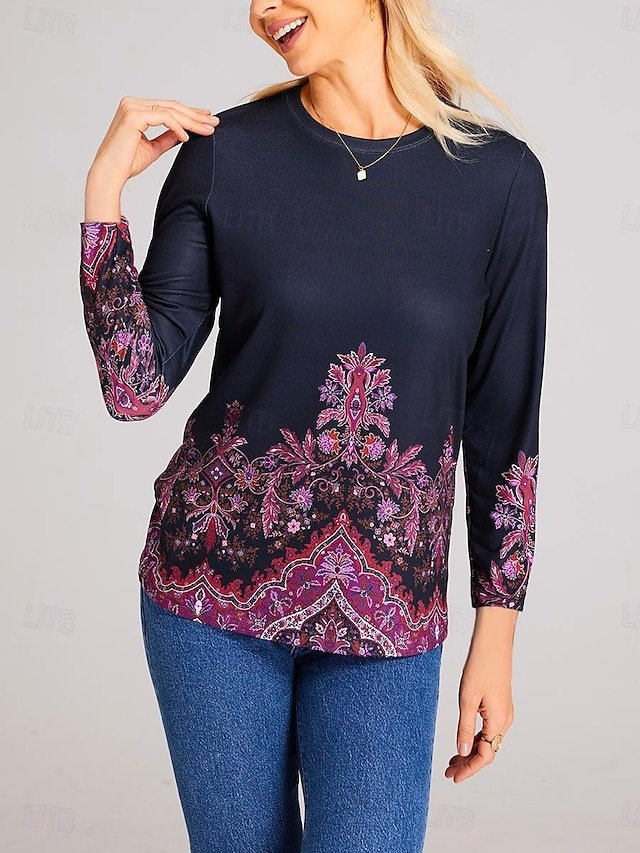 Basic Regular Floral Round Neck Long Sleeve Top - Image 2