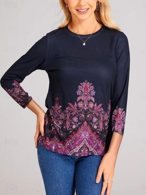 Basic Regular Floral Round Neck Long Sleeve Top - Image 3