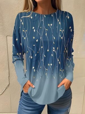 Basic Regular Floral Round Neck Long Sleeve Top - Image 3