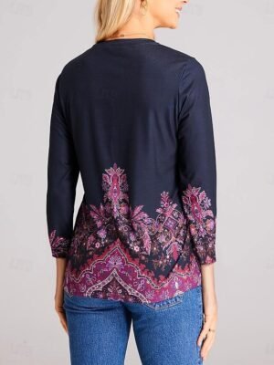 Basic Regular Floral Round Neck Long Sleeve Top - Image 4