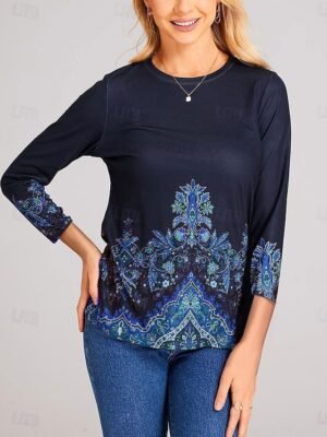 Basic Regular Floral Round Neck Long Sleeve Top - Image 5