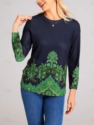 Basic Regular Floral Round Neck Long Sleeve Top - Image 6