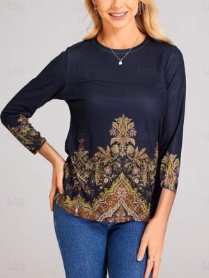 Basic Regular Floral Round Neck Long Sleeve Top - Image 7