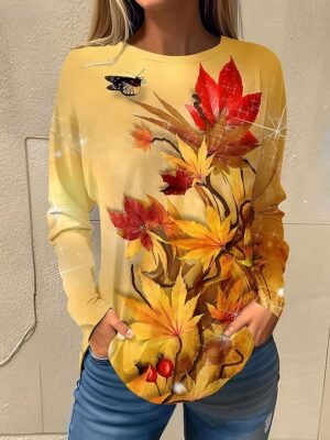 Basic Regular Floral Round Neck Long Sleeve Top - Image 8