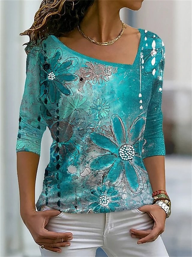 Basic Regular Floral V Neck Long Sleeve Tops - Image 1