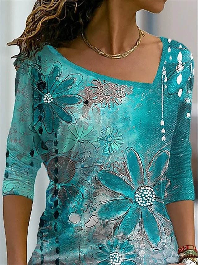 Basic Regular Floral V Neck Long Sleeve Tops - Image 2