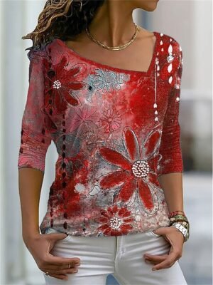 Basic Regular Floral V Neck Long Sleeve Tops - Image 4