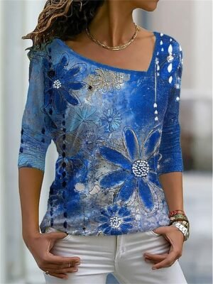 Basic Regular Floral V Neck Long Sleeve Tops - Image 6