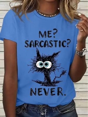 Basic Regular Funny Cat Letter Print Round Neck Short Sleeve T-Shirt - Image 3