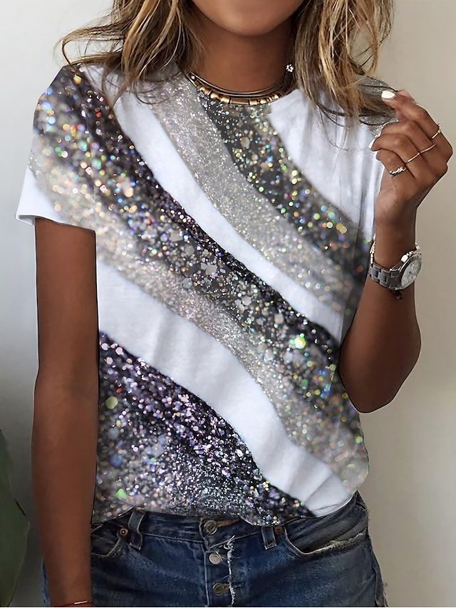 Basic Regular Geometric Print Round Neck Short Sleeve Tops - Image 1