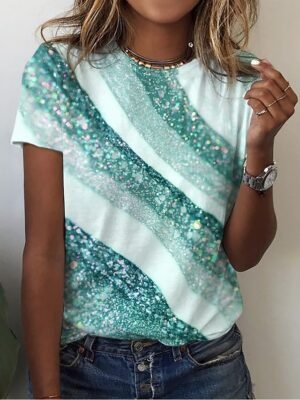 Basic Regular Geometric Print Round Neck Short Sleeve Tops - Image 3