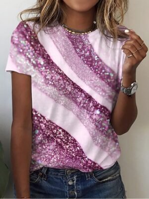 Basic Regular Geometric Print Round Neck Short Sleeve Tops - Image 4