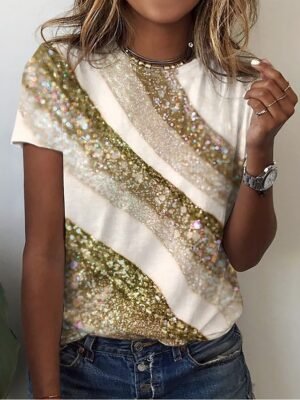 Basic Regular Geometric Print Round Neck Short Sleeve Tops - Image 5