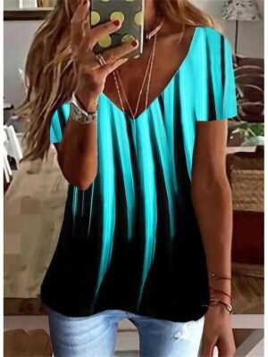 Basic Regular Graphic V Neck Short Sleeve Tunic Top - Image 1