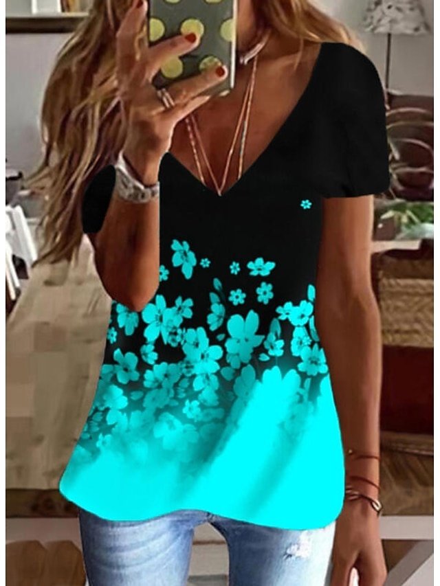 Basic Regular Graphic V Neck Short Sleeve Tunic Top - Image 2