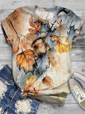 Basic Regular Leaf Print Round Neck Short Sleeve Tops - Image 1