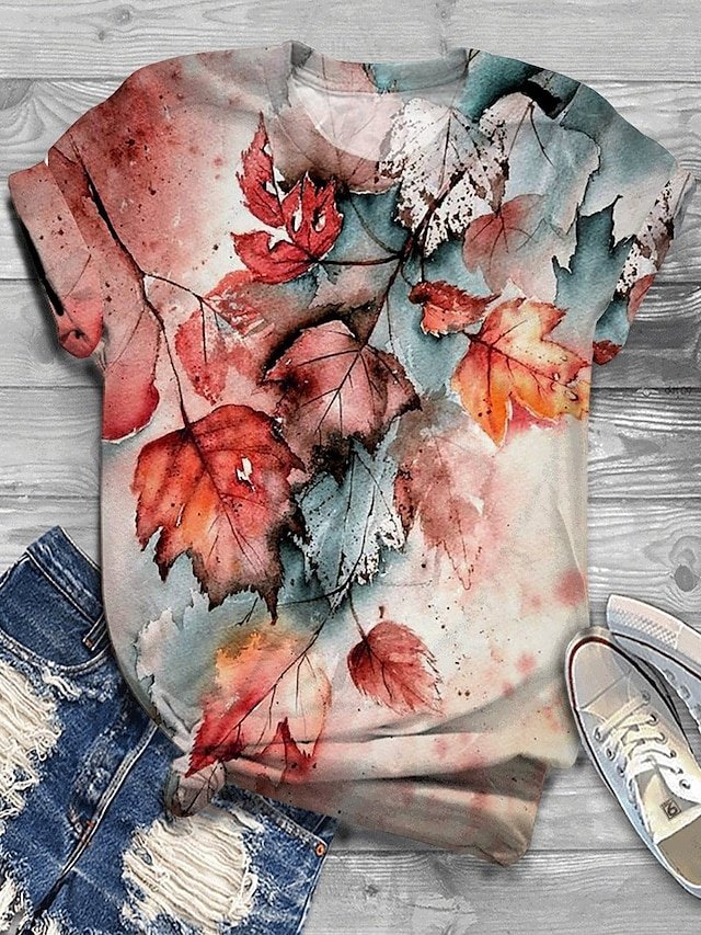 Basic Regular Leaf Print Round Neck Short Sleeve Tops - Image 2