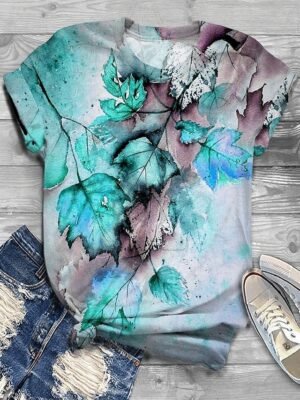 Basic Regular Leaf Print Round Neck Short Sleeve Tops - Image 3