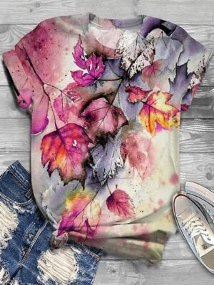 Basic Regular Leaf Print Round Neck Short Sleeve Tops - Image 4