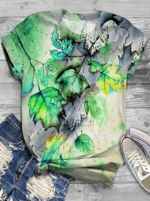 Basic Regular Leaf Print Round Neck Short Sleeve Tops - Image 5