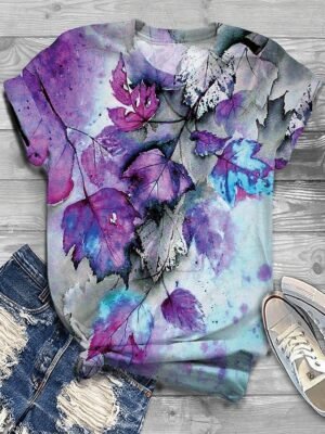 Basic Regular Leaf Print Round Neck Short Sleeve Tops - Image 6