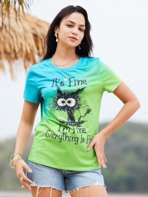 Basic Regular Letter Cat Print Round Neck Short Sleeve Top - Image 2