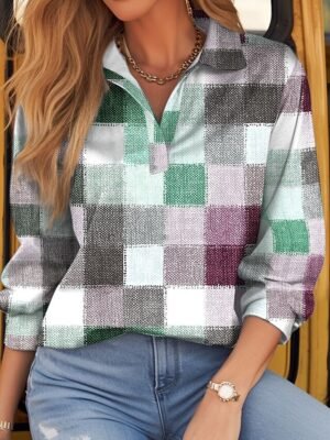 Basic Regular Plaid Shirt Collar Long Sleeve Tops - Image 2