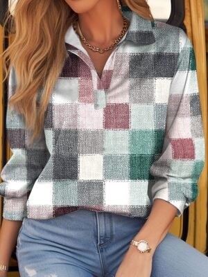 Basic Regular Plaid Shirt Collar Long Sleeve Tops - Image 3