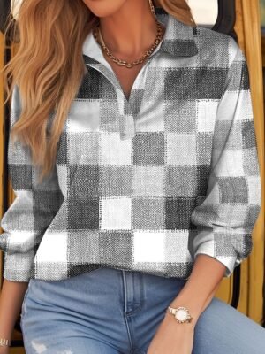 Basic Regular Plaid Shirt Collar Long Sleeve Tops - Image 5