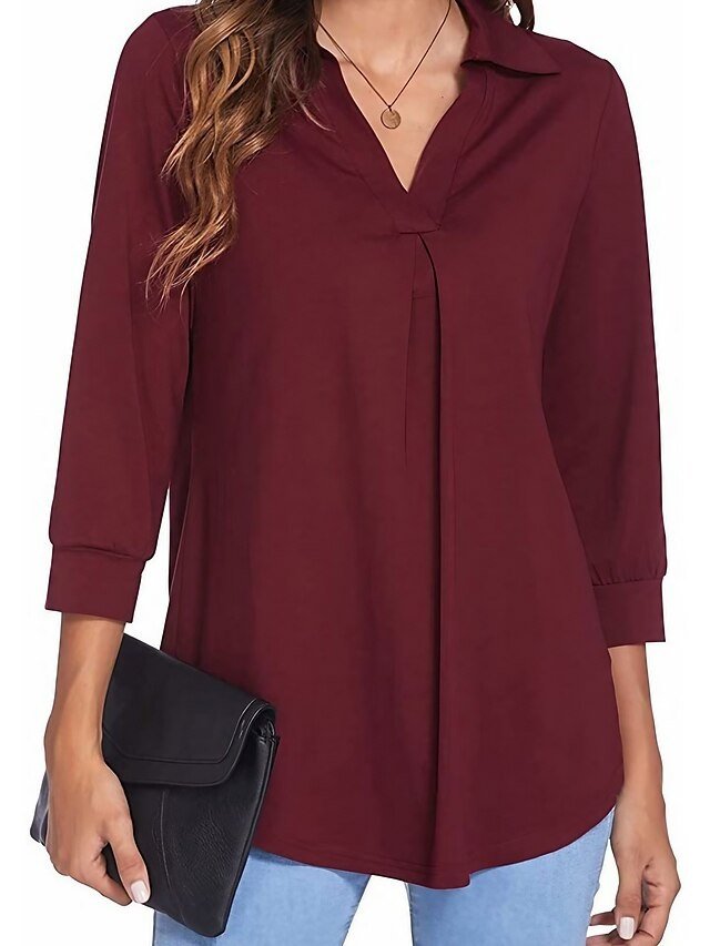 Basic Regular Plain V Neck Long Sleeve Blouse - Image 1