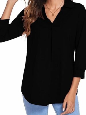 Basic Regular Plain V Neck Long Sleeve Blouse - Image 13