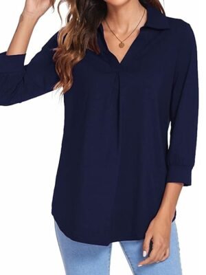 Basic Regular Plain V Neck Long Sleeve Blouse - Image 15