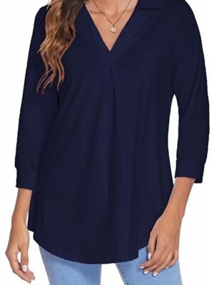 Basic Regular Plain V Neck Long Sleeve Blouse - Image 16