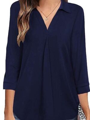 Basic Regular Plain V Neck Long Sleeve Blouse - Image 17